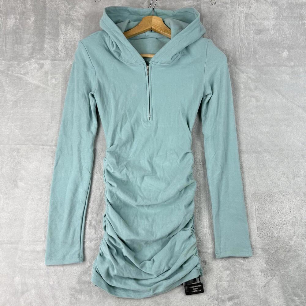 NWT Ruched Hoodie Dress Womens M Mint Bodycon Half Zip Fashion Y2K Streetwear